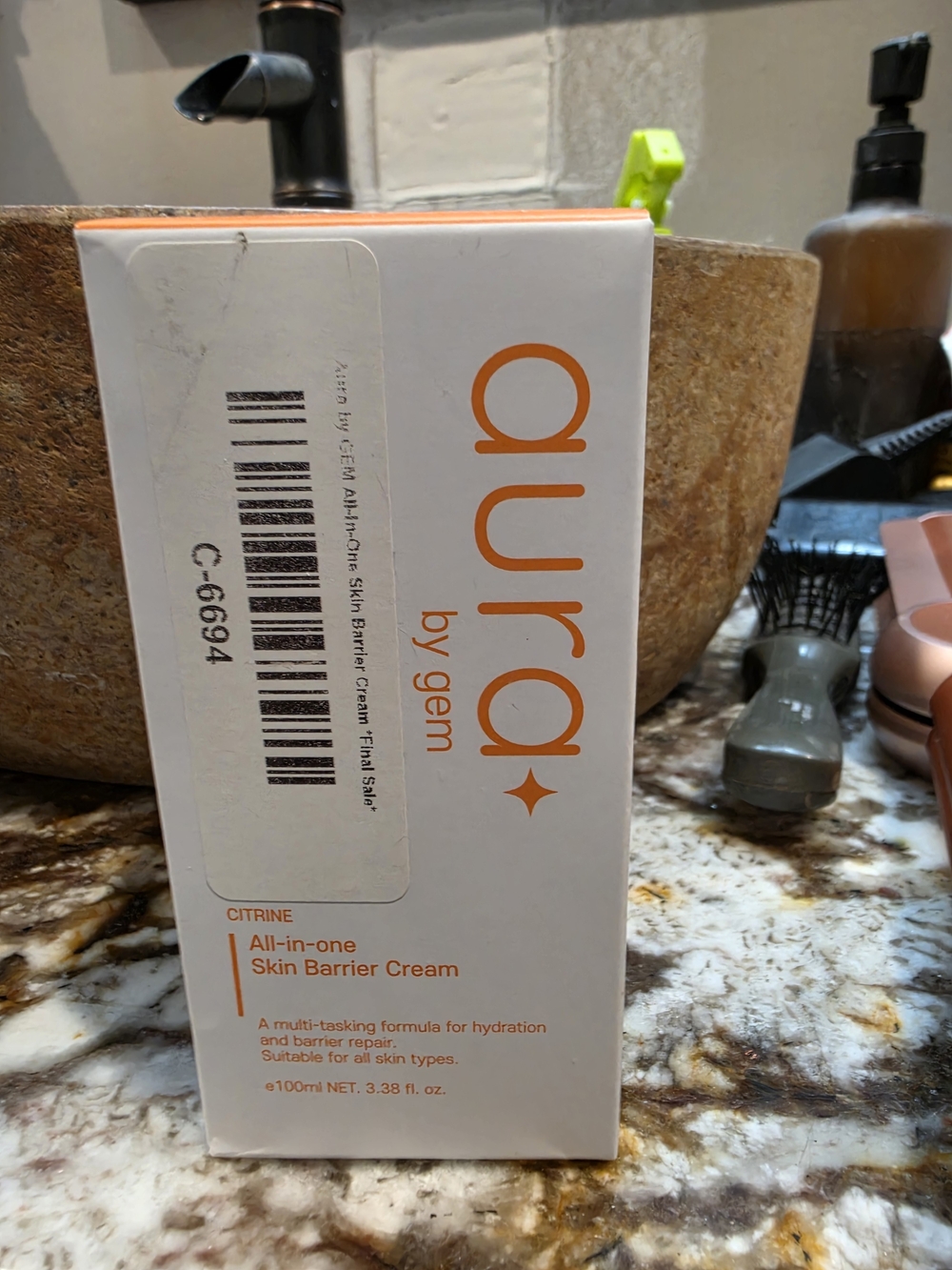 Aura by gem Citrine All-in-One Skin Barrier Cream — White with Orange Text